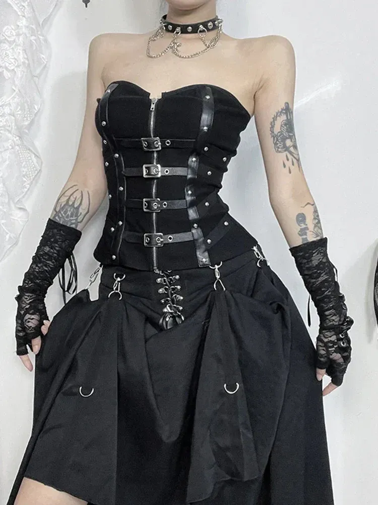 Alt PU Goth Gothic Harajuku Crop Zipper Patchwork Top