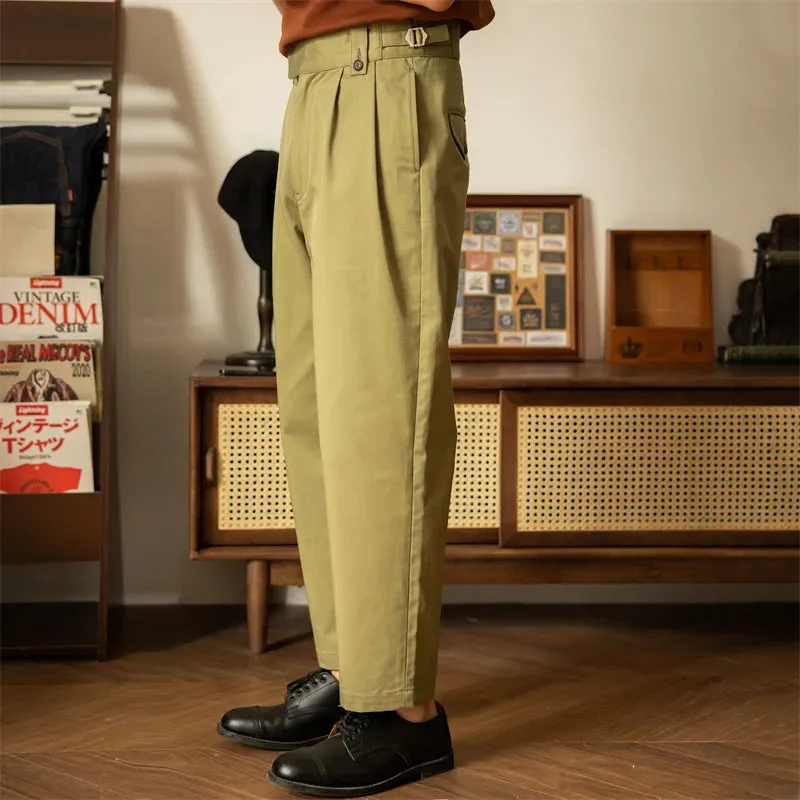 Ankle Length Double Pleated Pants Retro Men Cropped Trousers