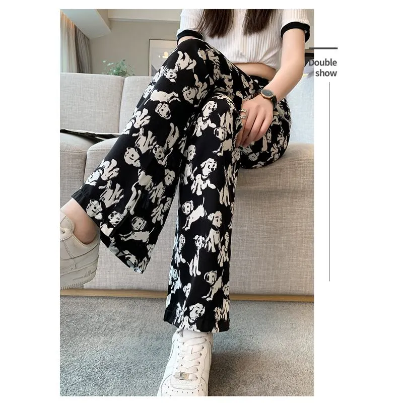 Anti-Aging Cute Draping Straight Print Slimming Wide-Leg Pants