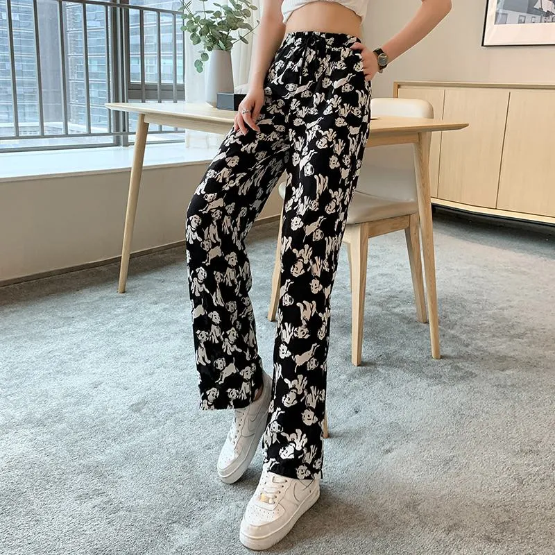 Anti-Aging Cute Draping Straight Print Slimming Wide-Leg Pants