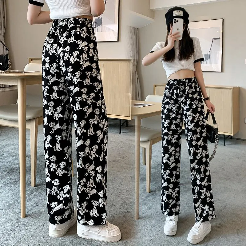 Anti-Aging Cute Draping Straight Print Slimming Wide-Leg Pants