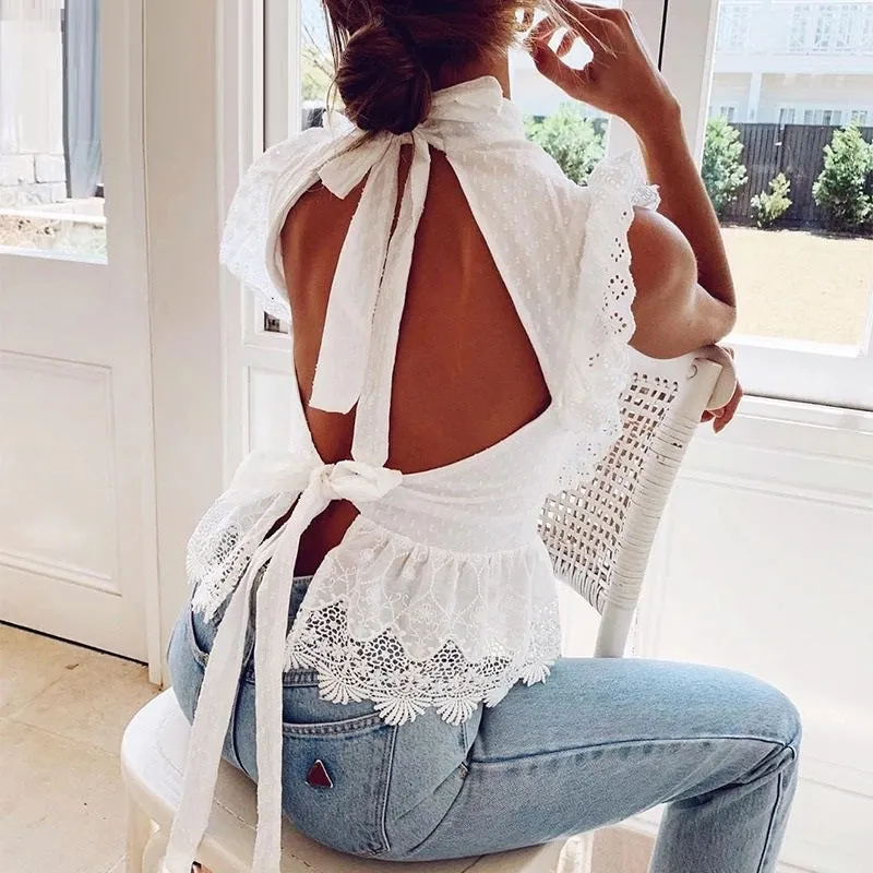 Backless Lace Embroidery Ruffled Hollow Out Summer Style White Top