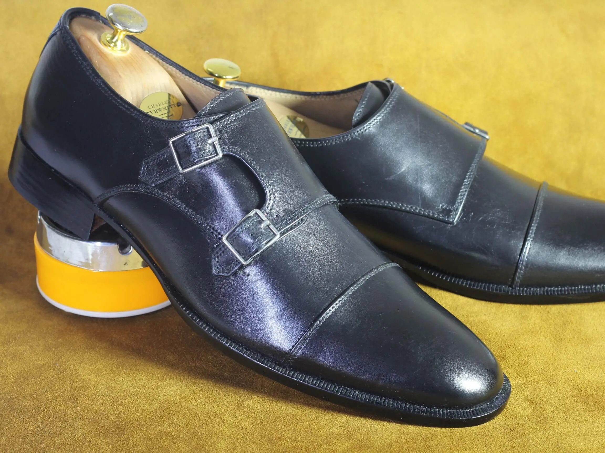 Bespoke Black Double Monk Leather Cap Toe Shoes For Men's