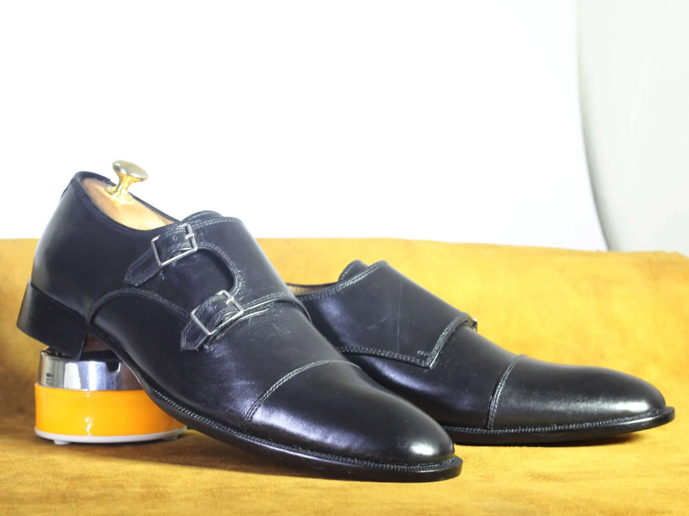 Bespoke Black Double Monk Leather Cap Toe Shoes For Men's