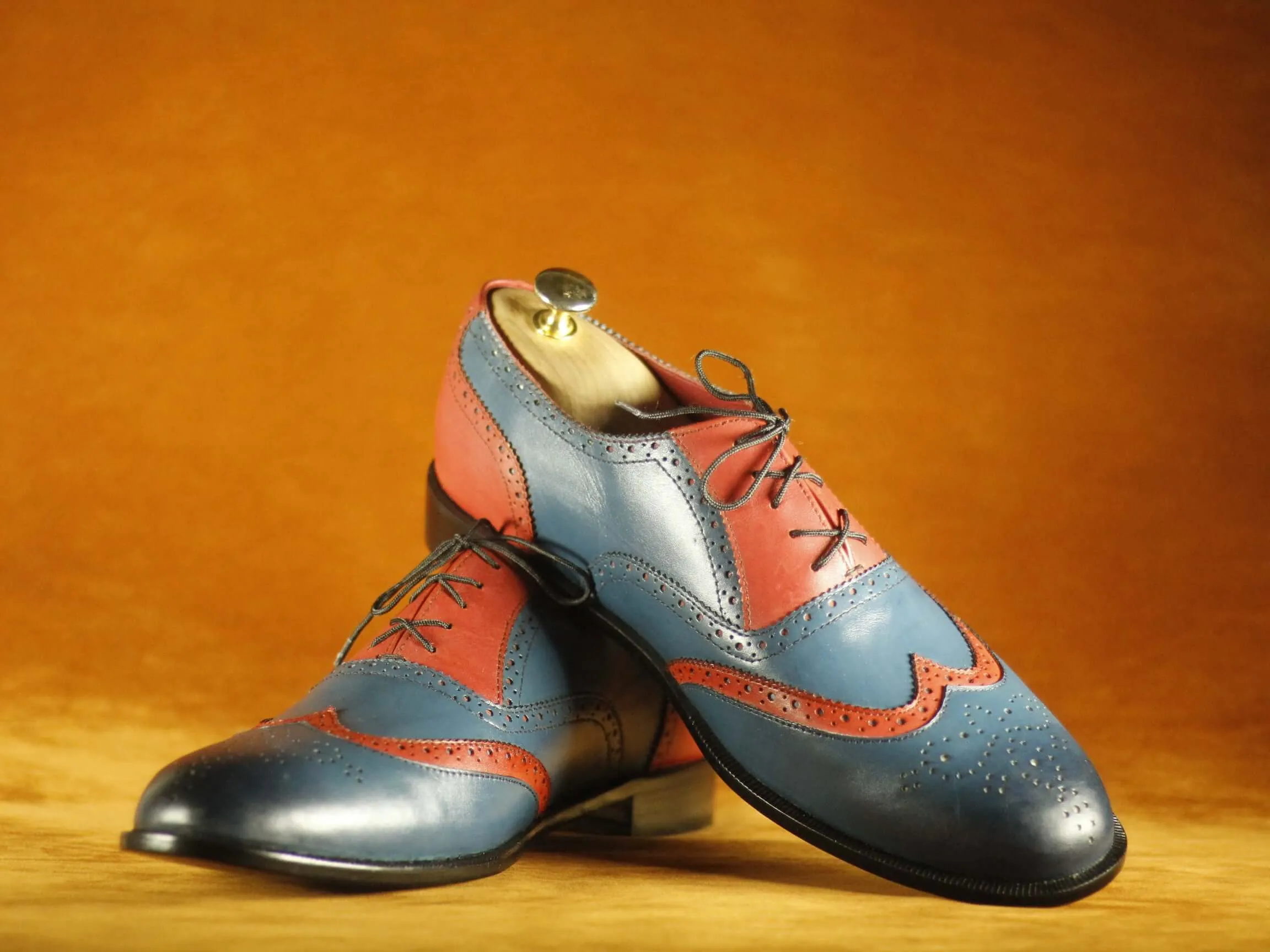 Bespoke Blue Burgundy Leather  Lace Up Shoes,Men's Party Shoes