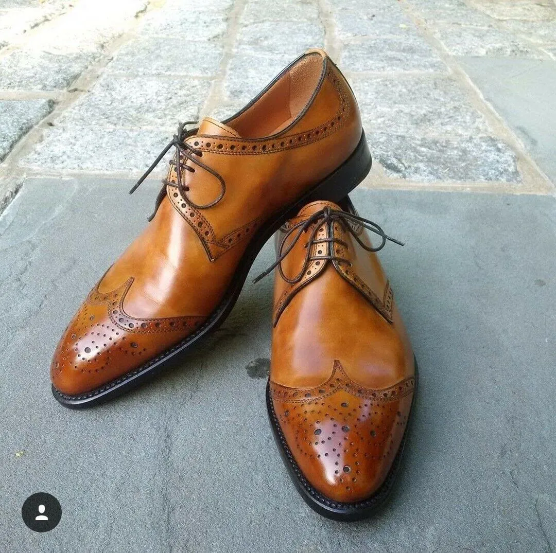 Bespoke Tan Leather Wing Tip Lace Up Shoe for Men