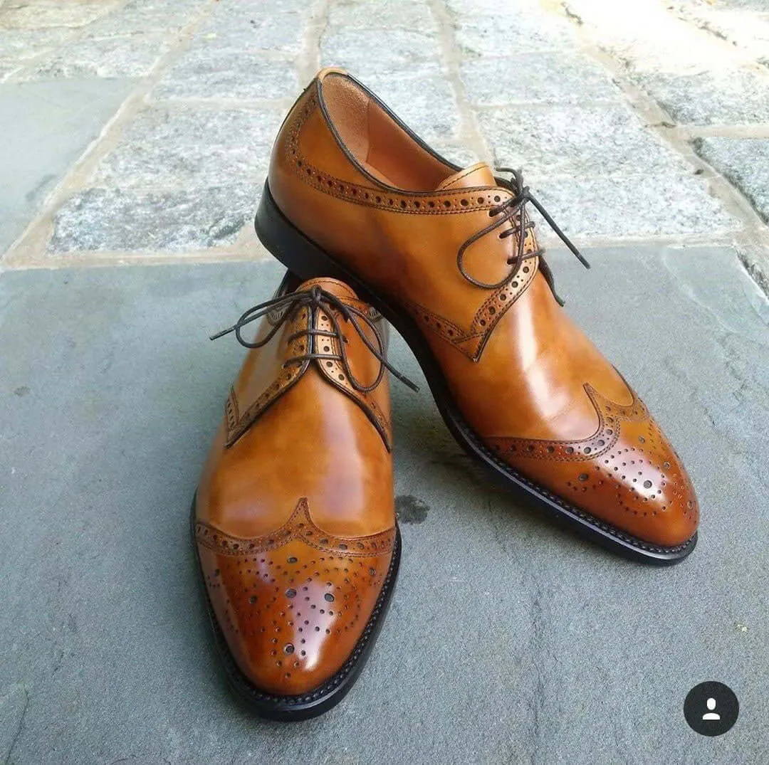 Bespoke Tan Leather Wing Tip Lace Up Shoe for Men