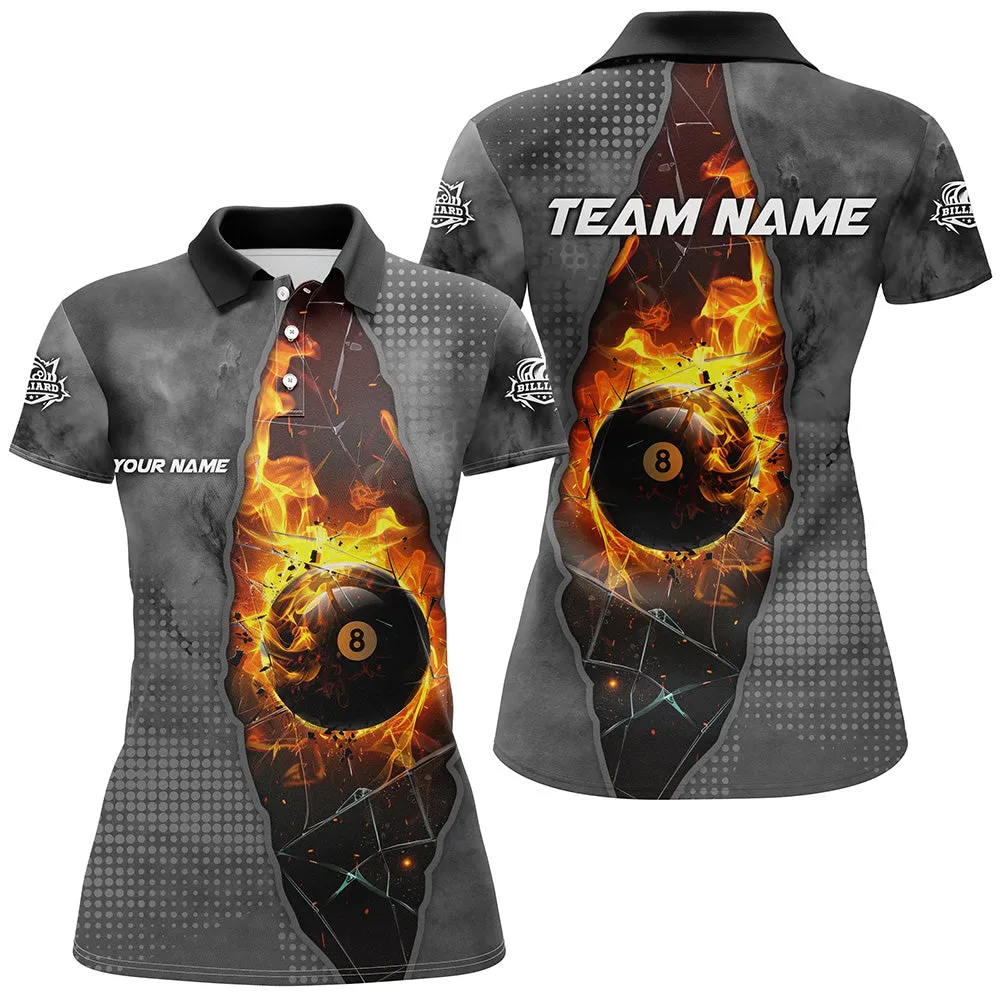 Billiard Balls Fire Black Pattern Customized Name, Team Name 3D Polo Shirt For Women