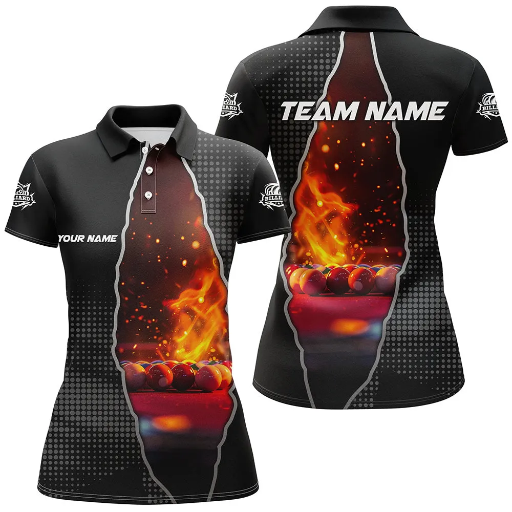 Billiard Balls Fire Black Pattern Customized Name, Team Name 3D Polo Shirt For Women