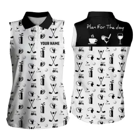 Black White Plan For The Day Golf Icons Sleeveless Polo Shirt Custom Golf Shirts For Women Golf Gifts