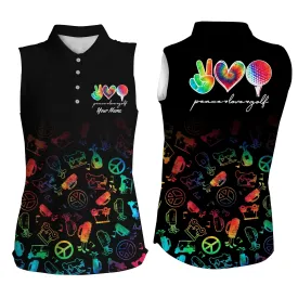 Black Women sleeveless polo shirt, custom watercolor peace love golf, personalized golf shirt for women