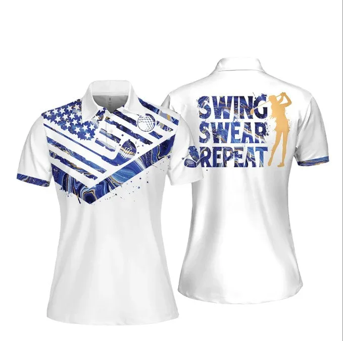 Blue Marble Swing Swear Repeat Women Short Sleeve Polo Shirt, Golf Short Sleeve Polo Shirt for women