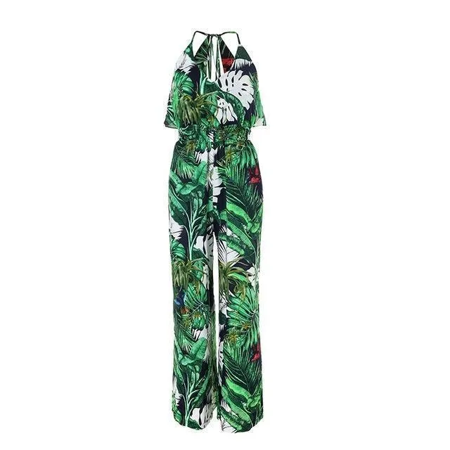 Boho Green Ruffle Leaf Print Sexy Jumpsuit (US 10-16)