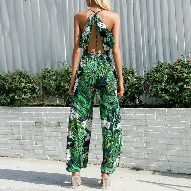 Boho Green Ruffle Leaf Print Sexy Jumpsuit (US 10-16)