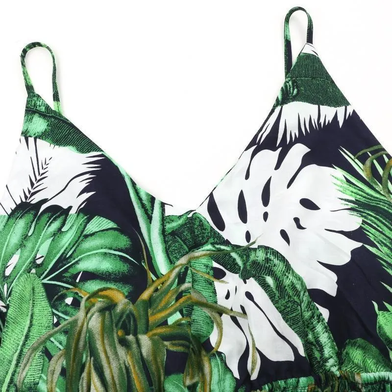 Boho Green Ruffle Leaf Print Sexy Jumpsuit (US 10-16)