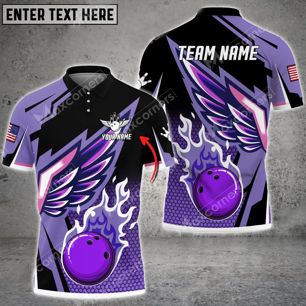 Bowling And Pins Cool Wings Pattern Multicolor Option Customized Name And Team Name Polo Shirt