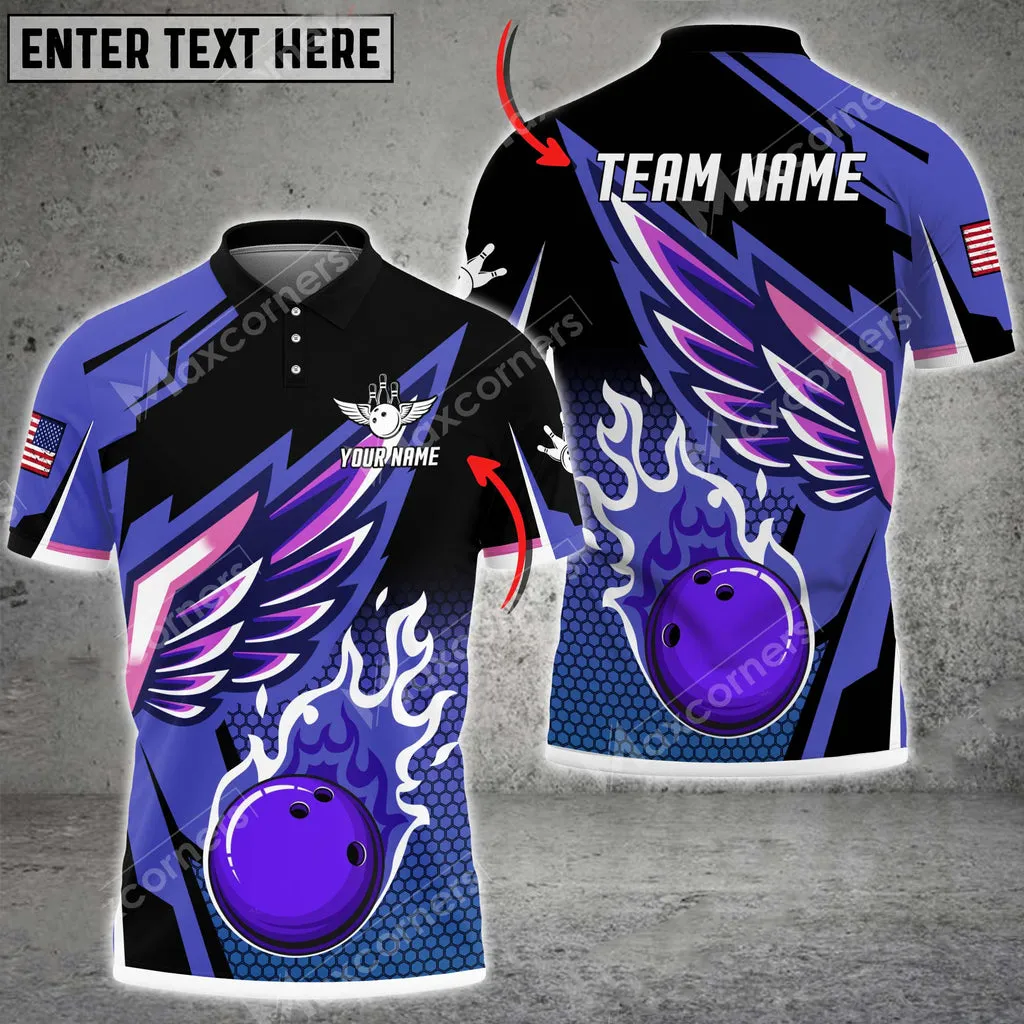 Bowling And Pins Cool Wings Pattern Multicolor Option Customized Name And Team Name Polo Shirt