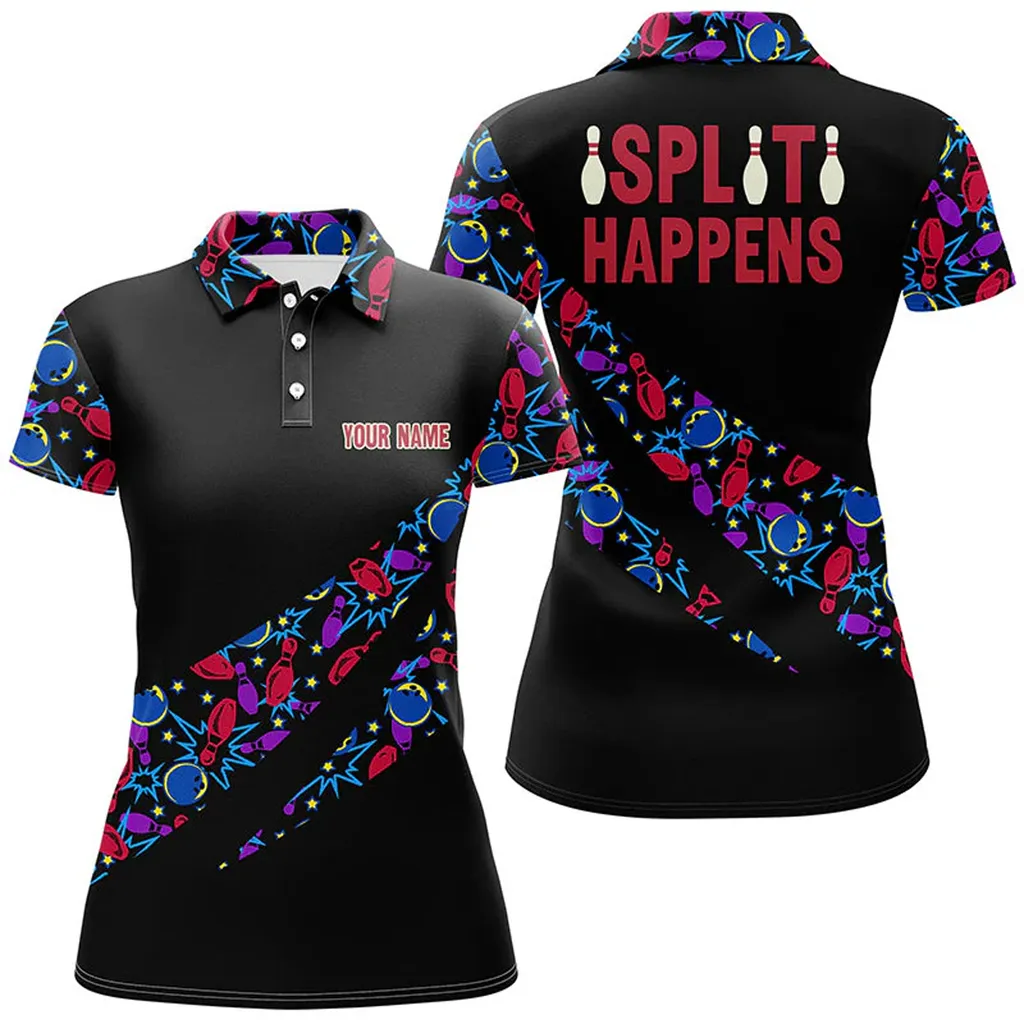 Bowling And Pins Split Happens Multicolor Option Customized Name 3D Shirt For Women