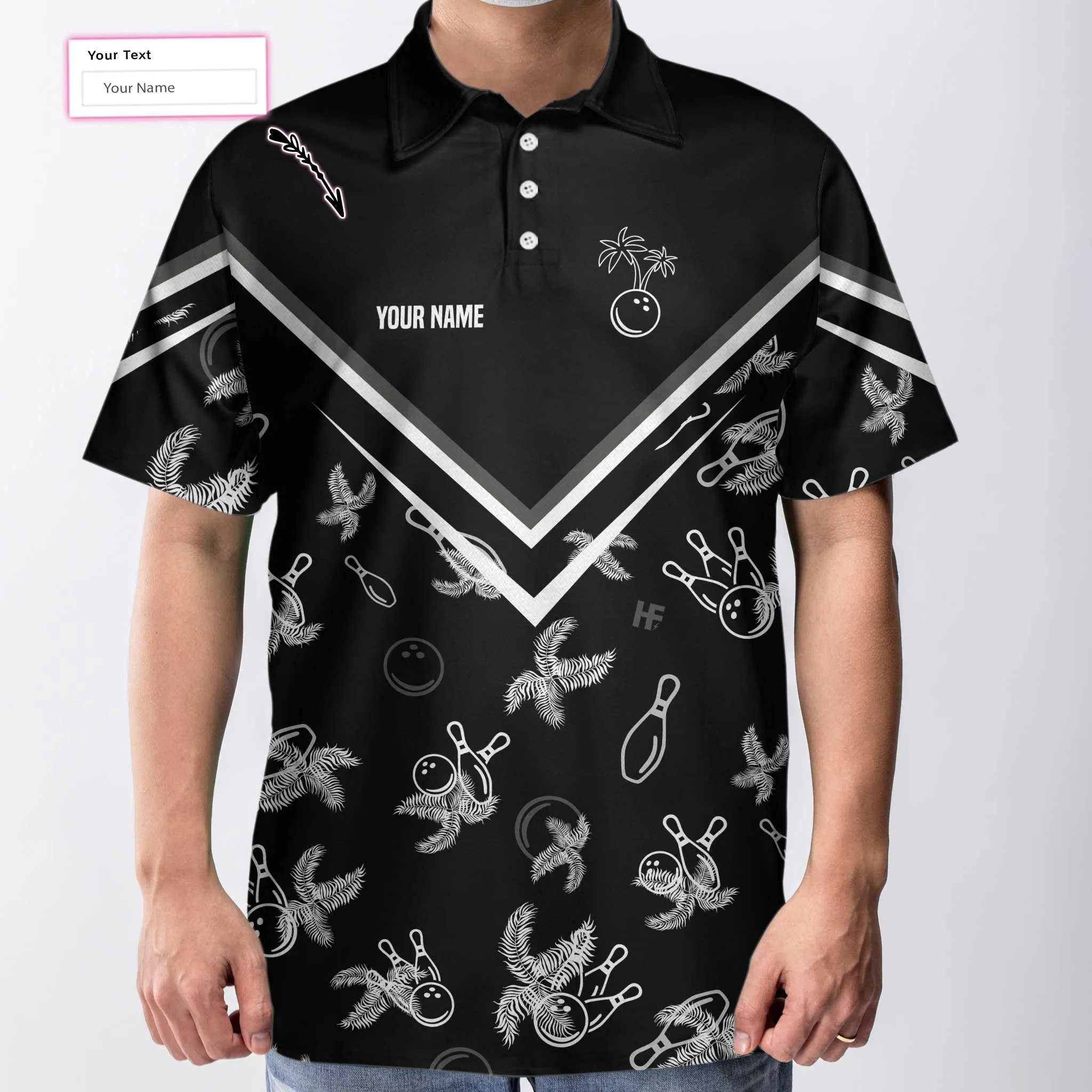 Bowling Monochrome Tropical Pattern Custom Polo Shirt, Black Bowling Polo Shirt For Bowlers, Personalized Gift Idea Coolspod