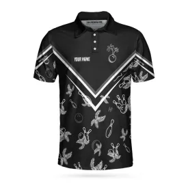 Bowling Monochrome Tropical Pattern Custom Polo Shirt, Black Bowling Polo Shirt For Bowlers, Personalized Gift Idea Coolspod