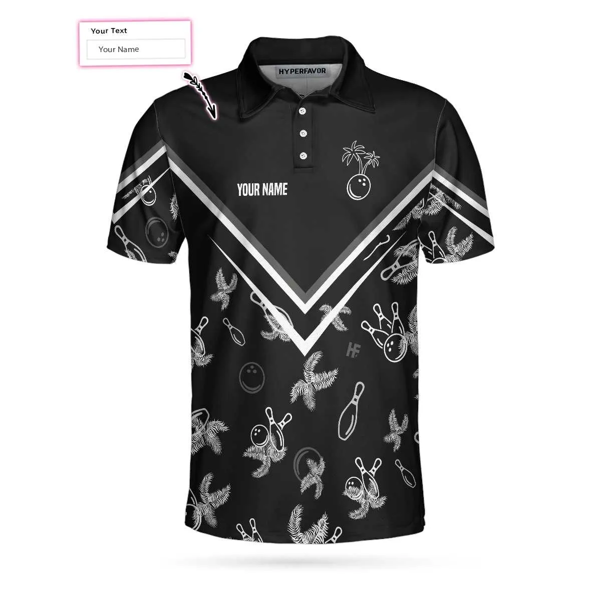 Bowling Monochrome Tropical Pattern Custom Polo Shirt, Black Bowling Polo Shirt For Bowlers, Personalized Gift Idea Coolspod