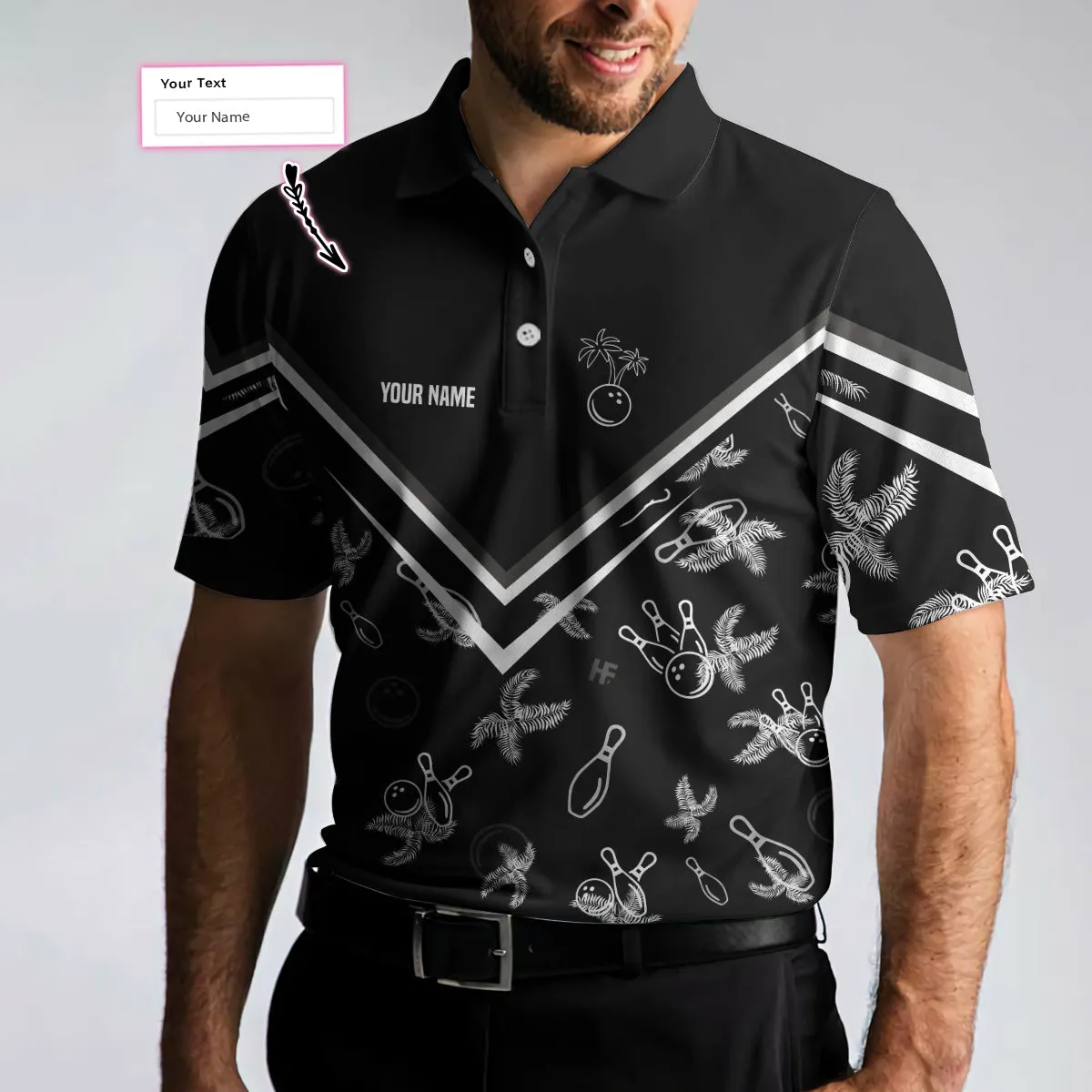 Bowling Monochrome Tropical Pattern Custom Polo Shirt, Black Bowling Polo Shirt For Bowlers, Personalized Gift Idea Coolspod