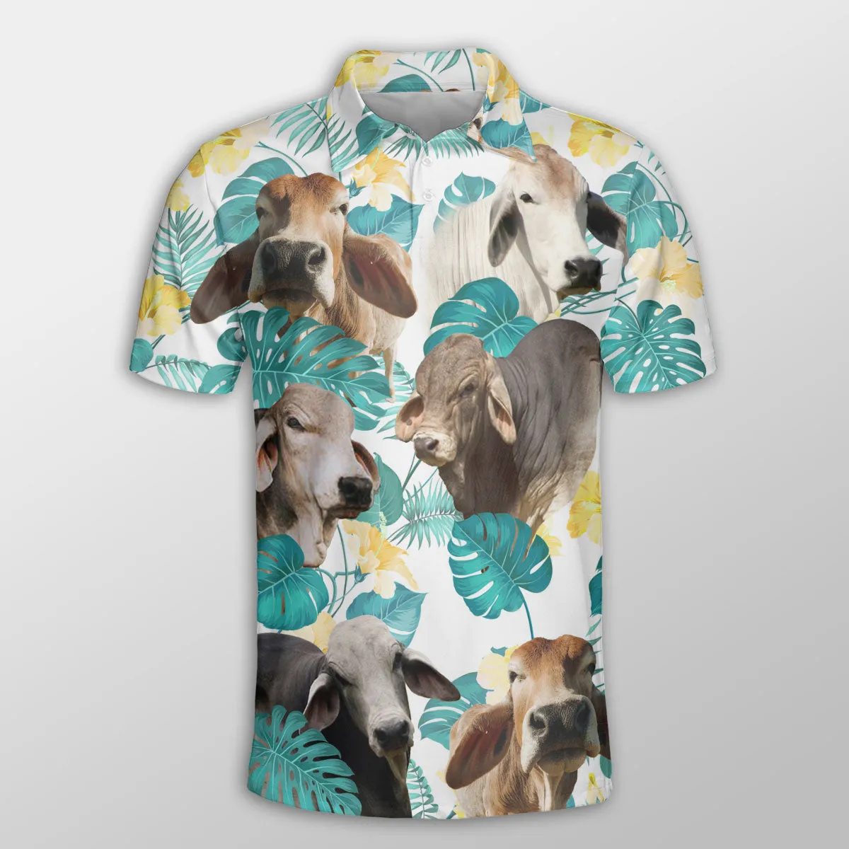 Brahman In Tropical Leaves Pattern Button Polo Shirt, Idea Shirt for Cow Farmer