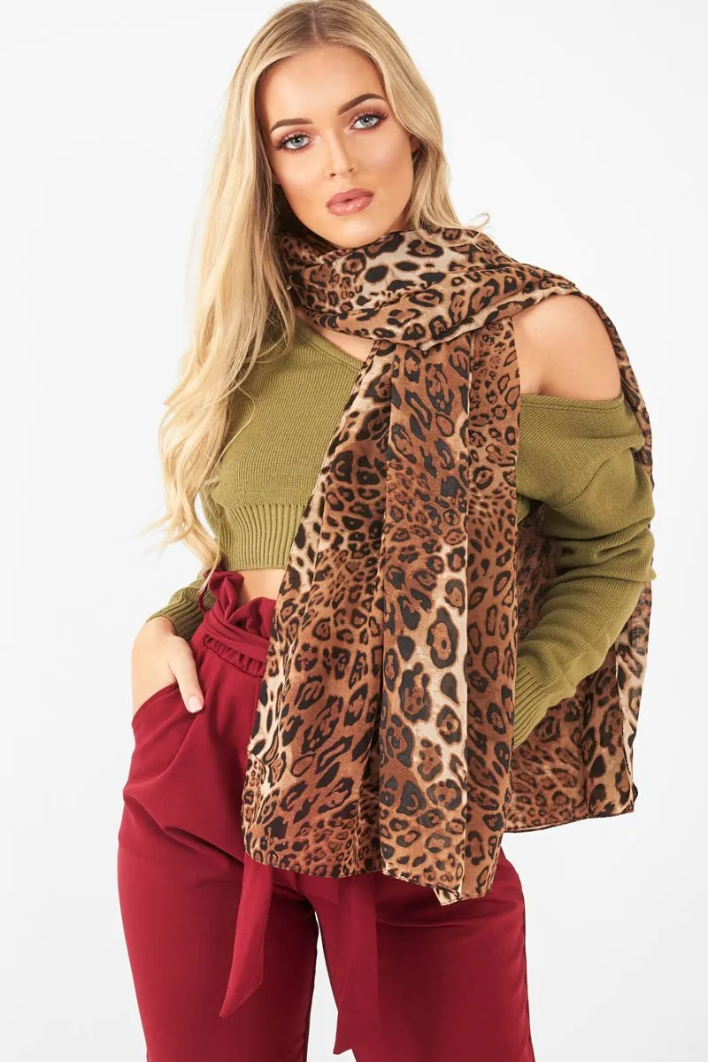 Brown Leopard Print Chiffon Scarf - Adell