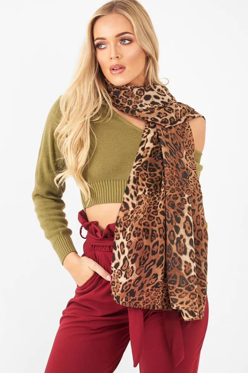 Brown Leopard Print Chiffon Scarf - Adell