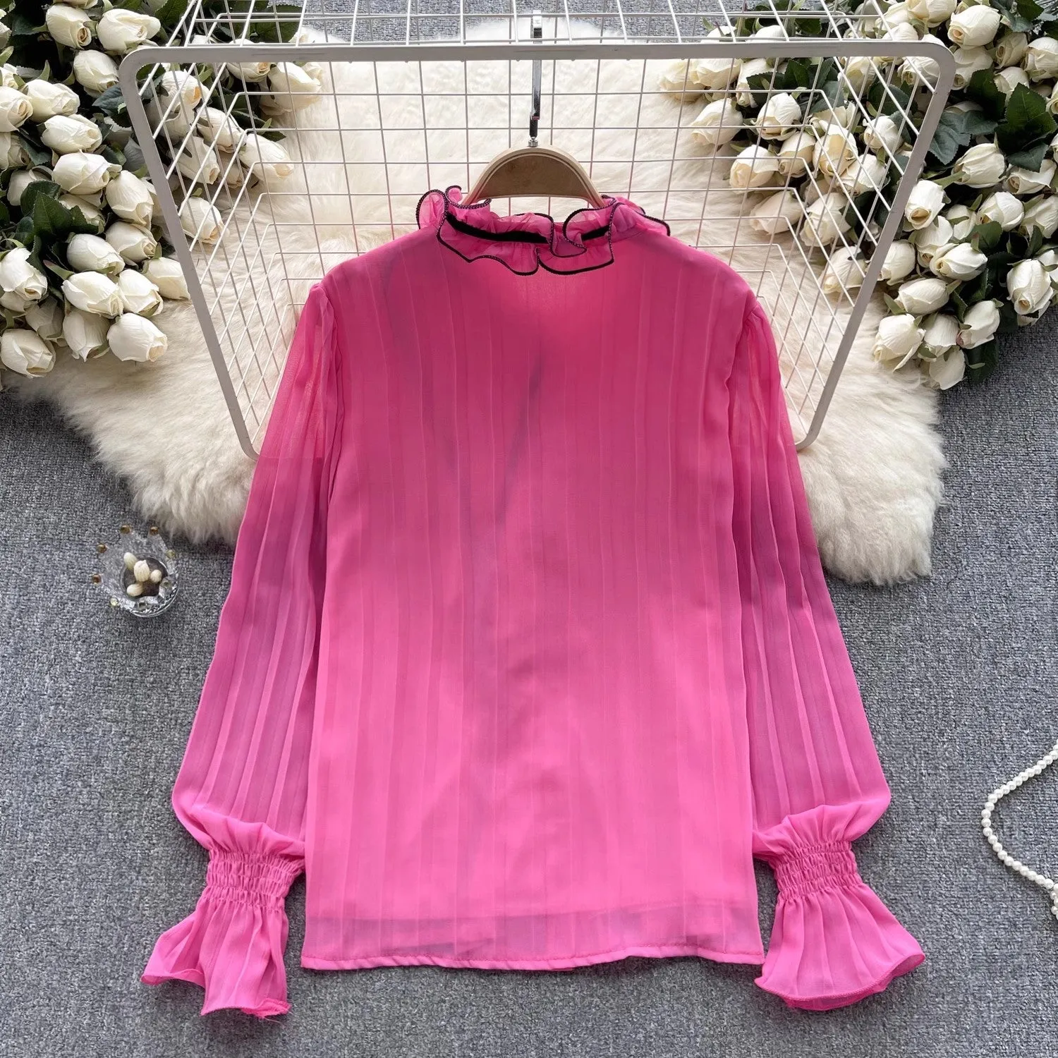 Chiffon shirt new women's long-sleeved tops pleated bell-sleeved shirt for women   S4635