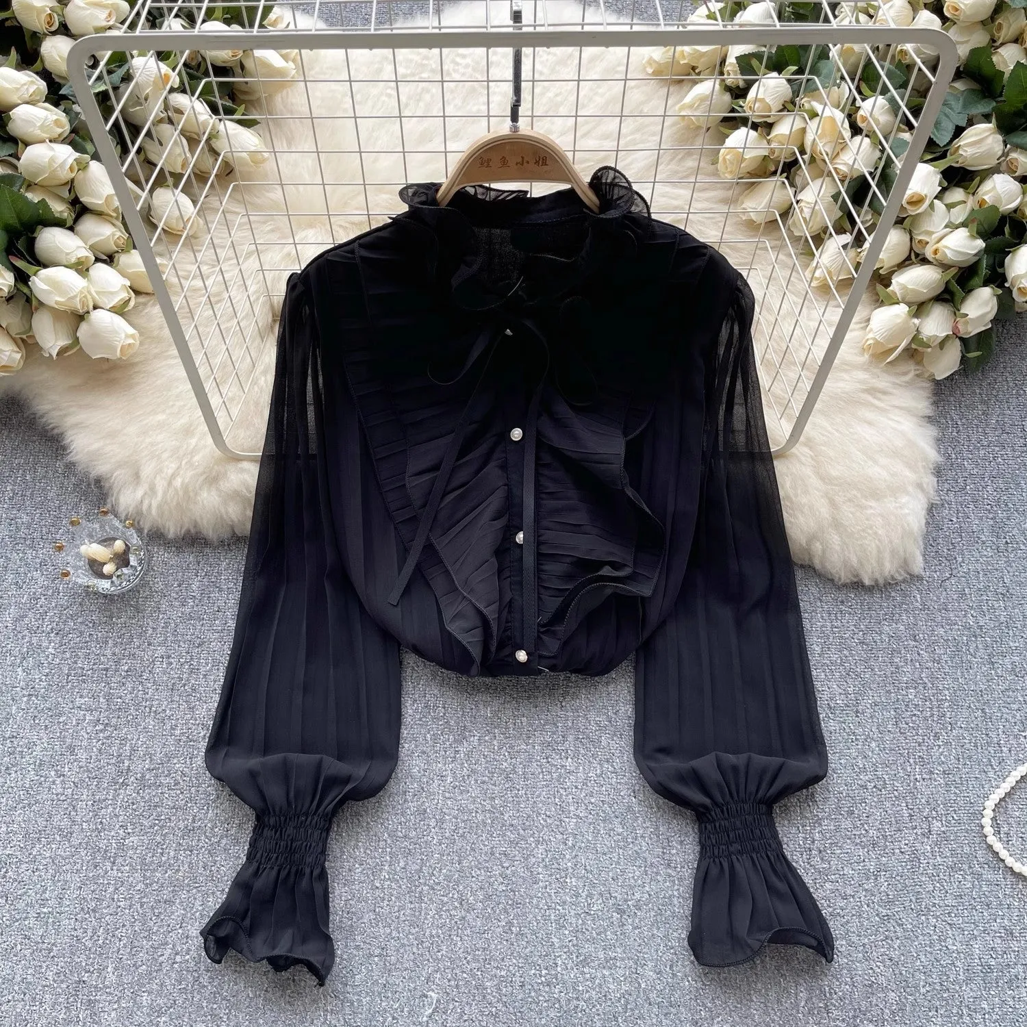 Chiffon shirt new women's long-sleeved tops pleated bell-sleeved shirt for women   S4635