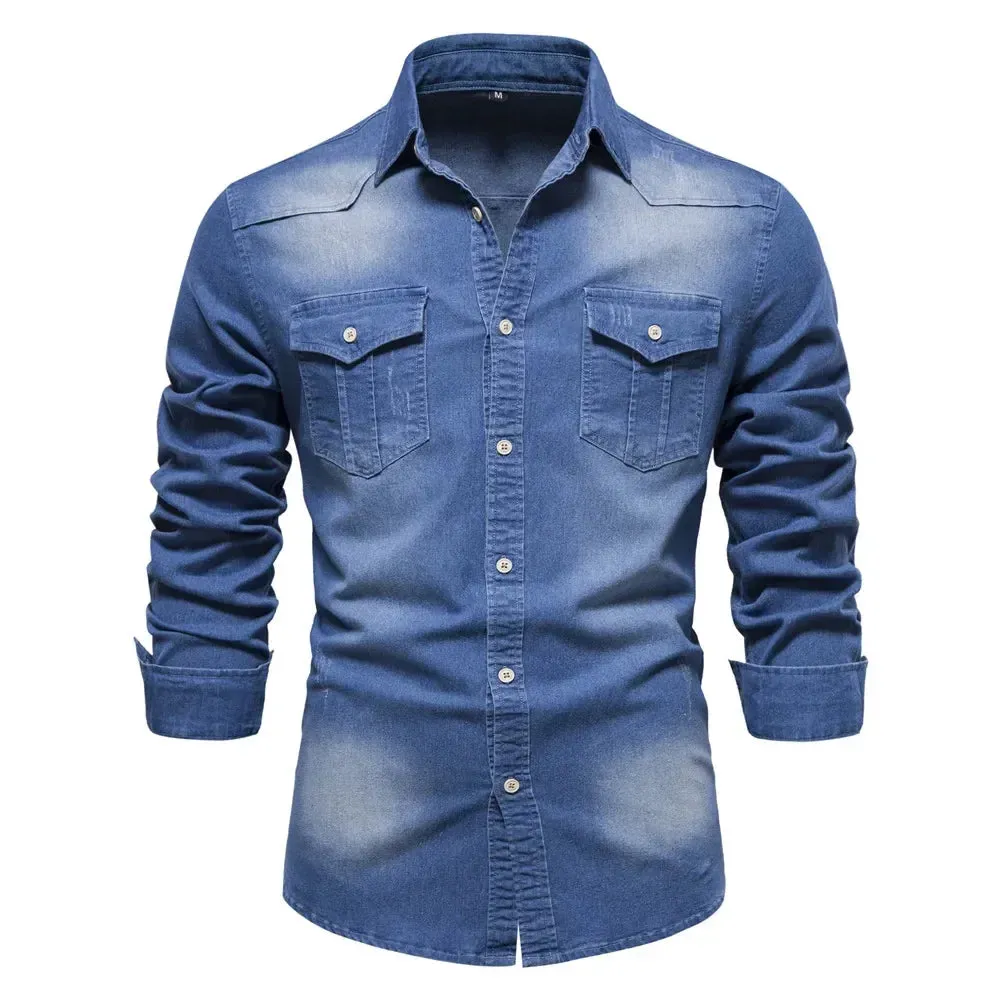 Elastic Cotton Denim Shirt Men Long Sleeve Quality Cowboy Shirts for Men Casual Slim Fit Jeans Men Shirts