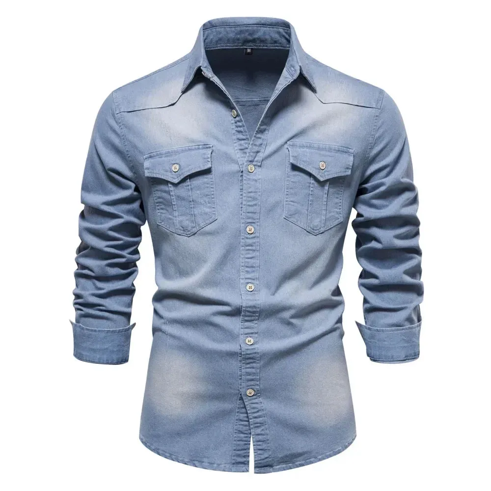 Elastic Cotton Denim Shirt Men Long Sleeve Quality Cowboy Shirts for Men Casual Slim Fit Jeans Men Shirts