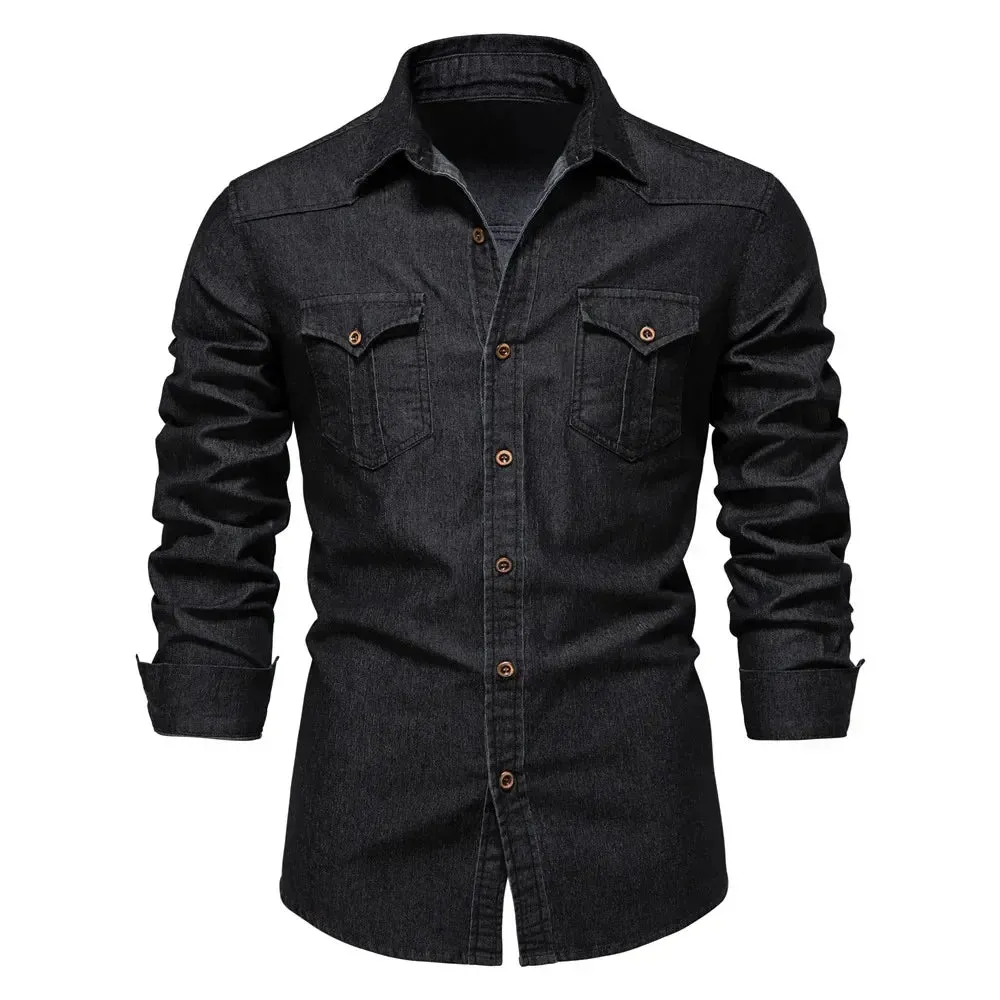 Elastic Cotton Denim Shirt Men Long Sleeve Quality Cowboy Shirts for Men Casual Slim Fit Jeans Men Shirts