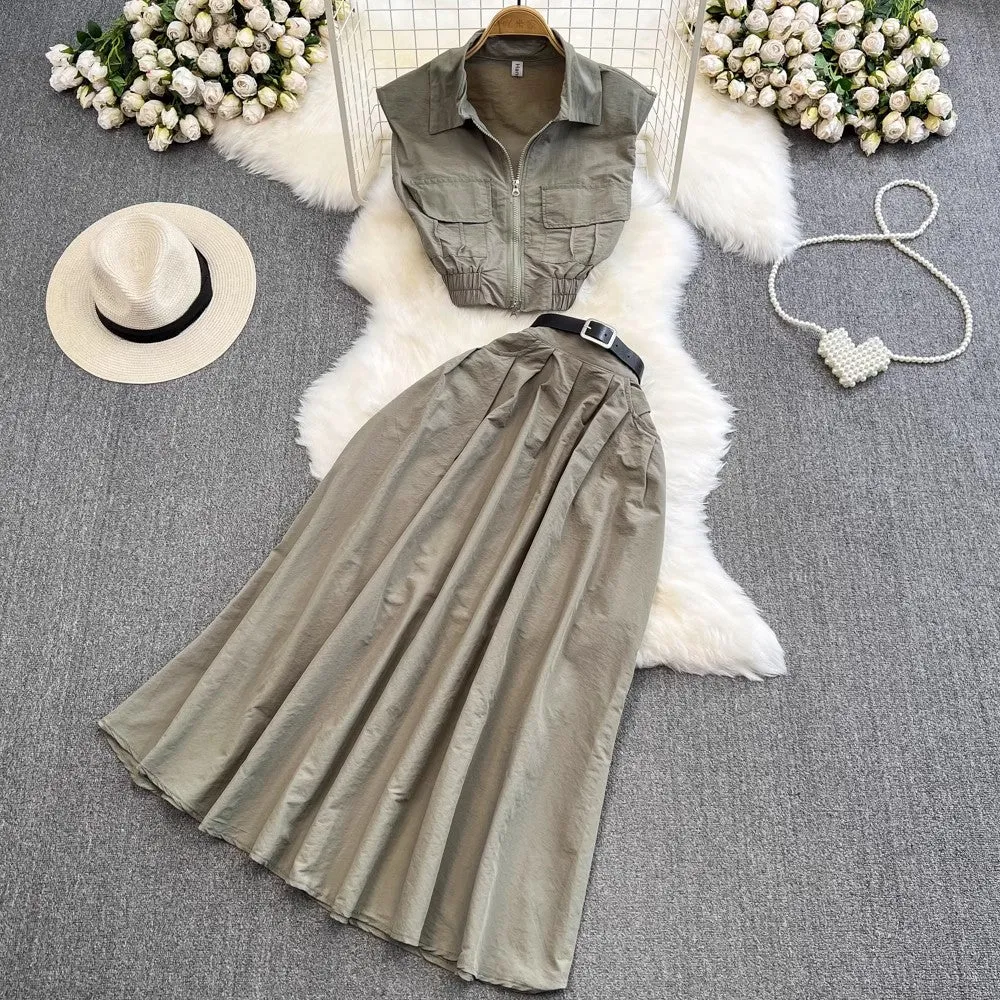 Fashion Suit Women's Sleeveless Shirt Two-piece Set A-Line Skirt     S4158