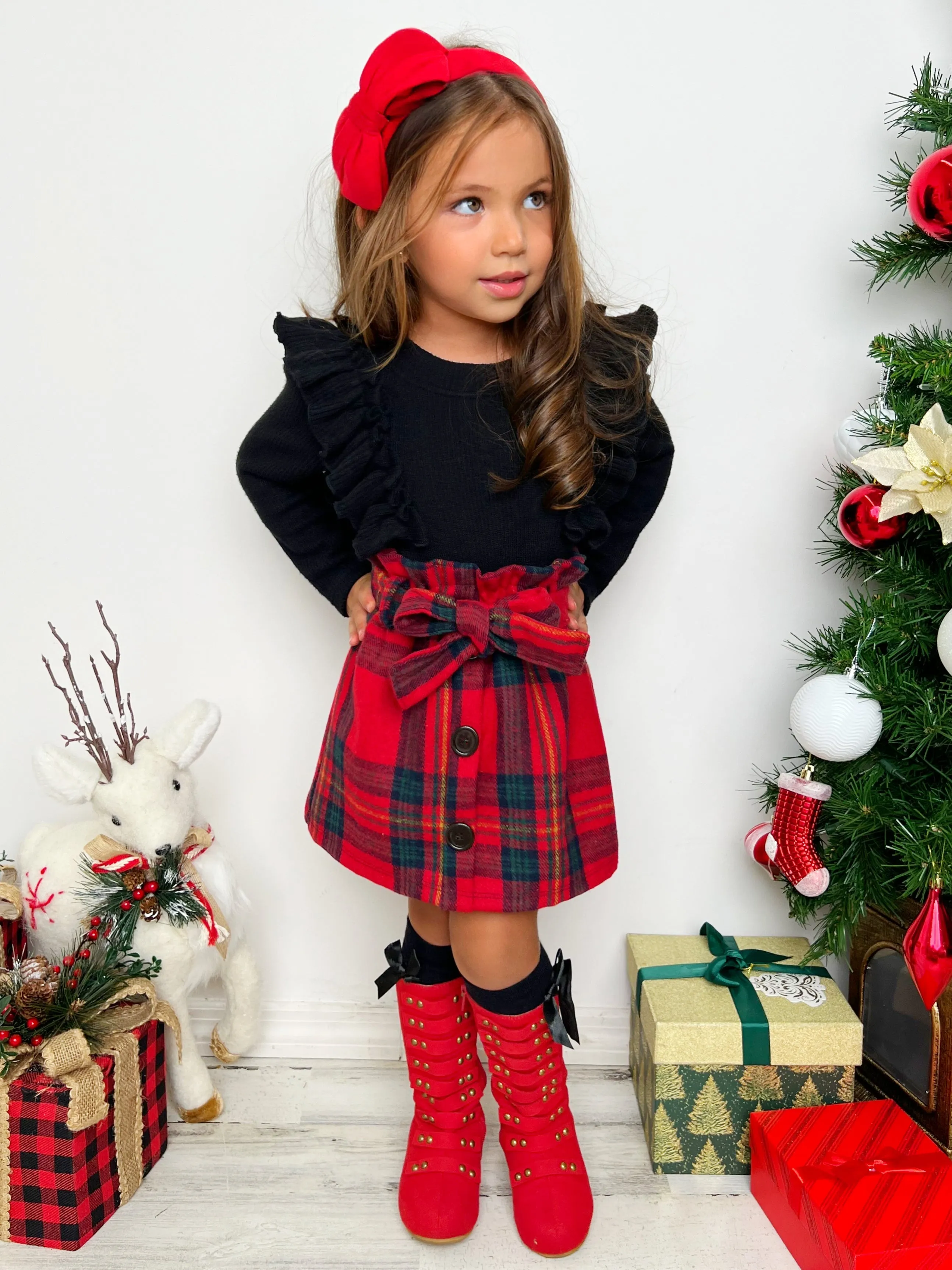 Feels Like Fall Ruffled Top And Plaid Skirt Set