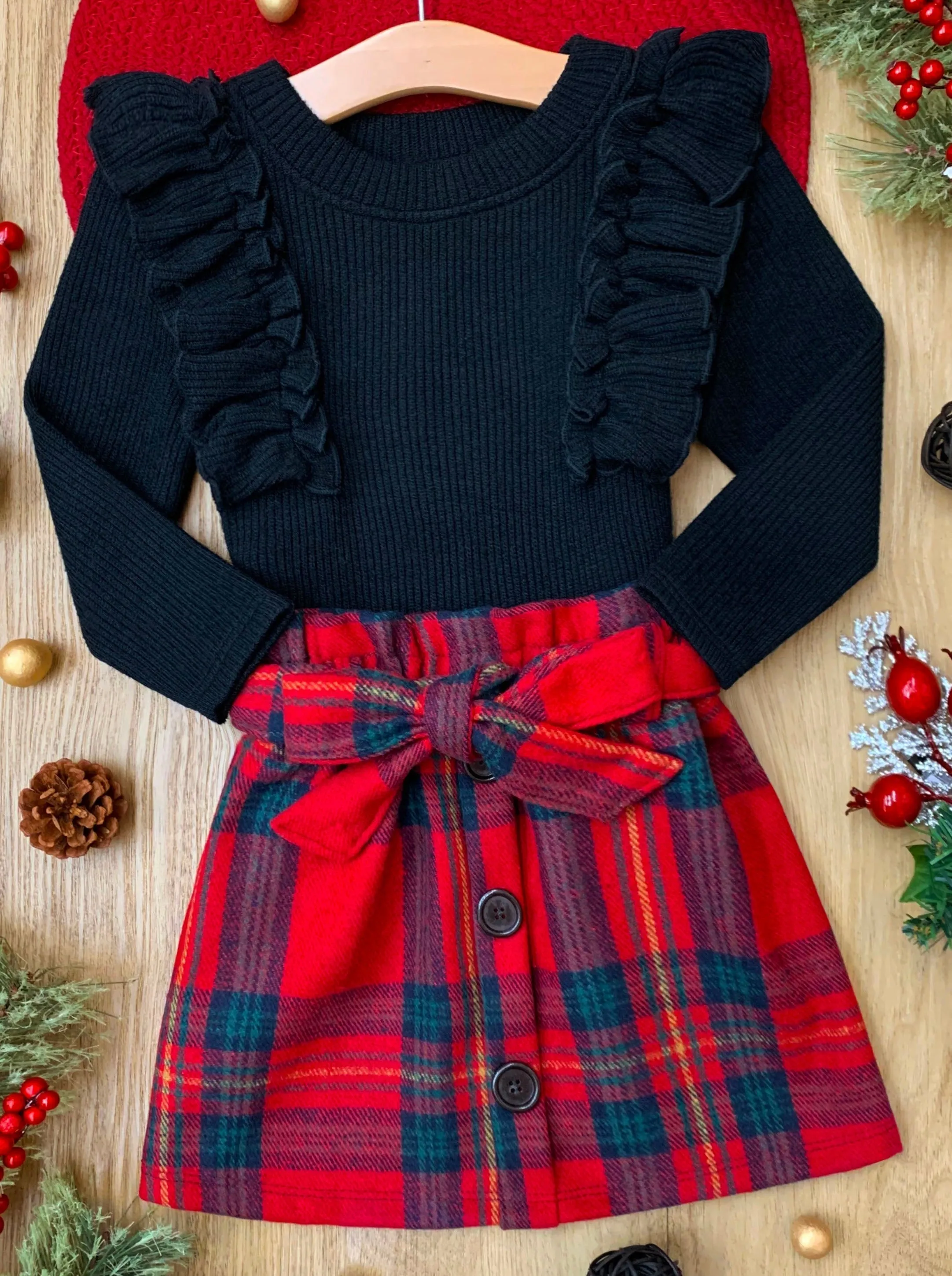 Feels Like Fall Ruffled Top And Plaid Skirt Set