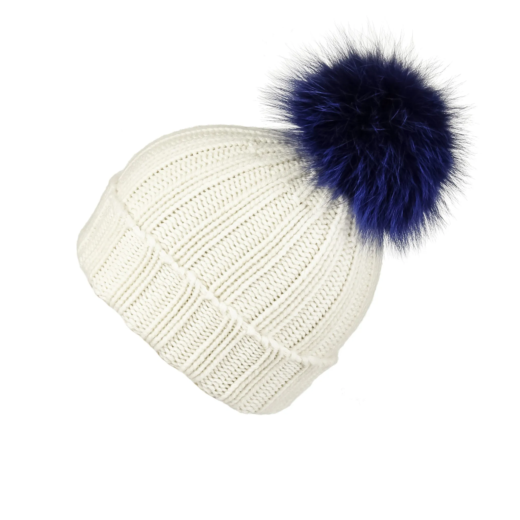 Fold-Over Ivory Cashmere Hat with Electric Blue Pom-Pom