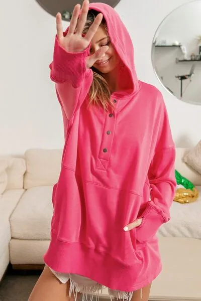 Fuchsia Half Snap Thumbhole Long Sleeve Hoodie (Online Exclusive)