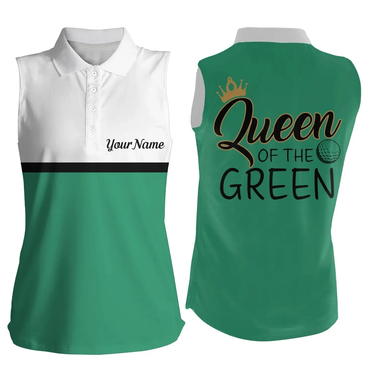 Funny Womens Golf Polo Shirt Queen Of The Green Custom Name White And Green Golf Shirts For Women