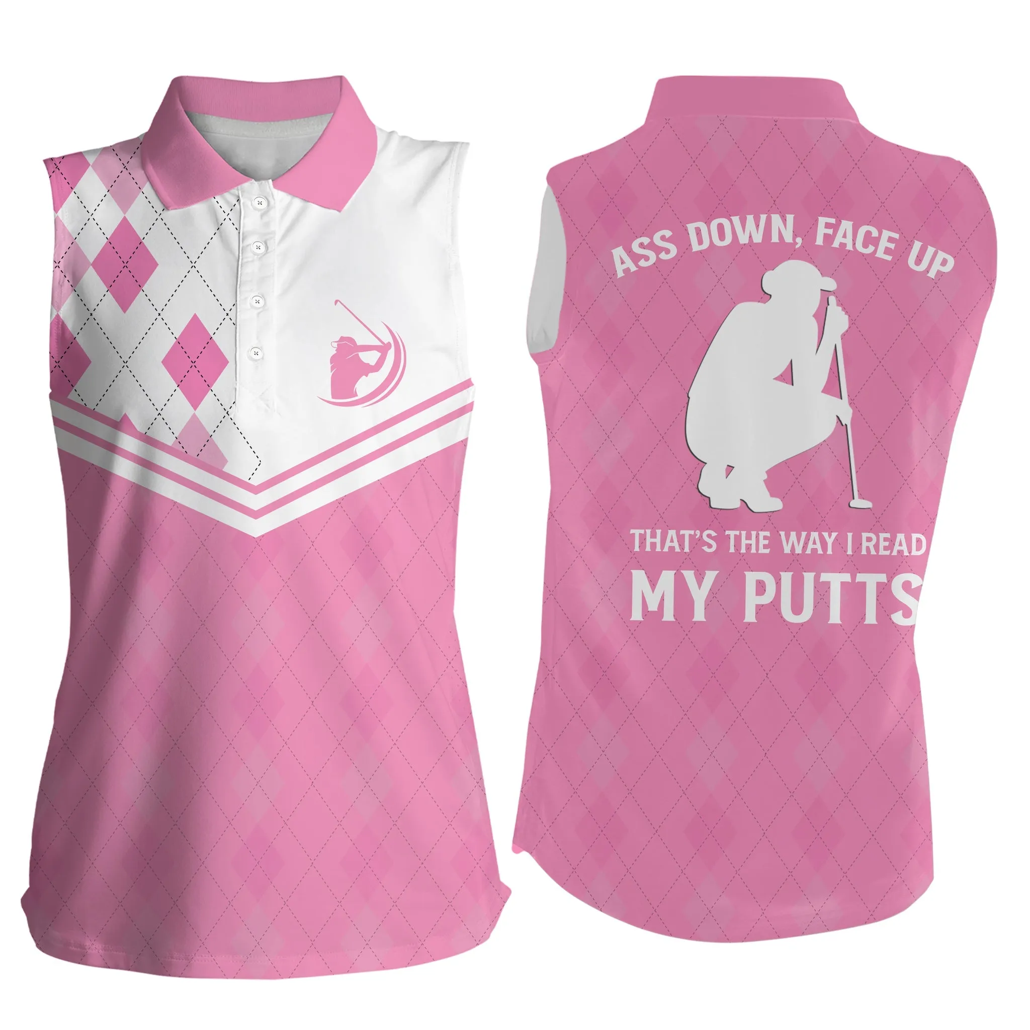 Funny Womens Golf Polo Shirts Custom Pink Argyle Ass Down, Face Up That's The Way I Read My Putts