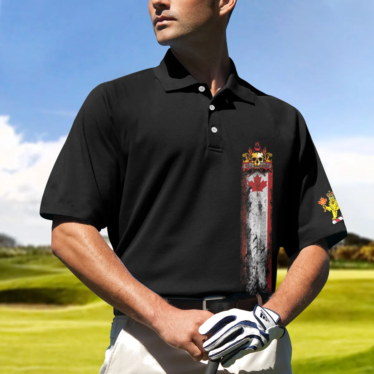 Golf Skull Canada Flag Short Sleeve Polo Shirt, Black Wet Paint Skull Polo Shirt, Canadian Golf Shirt For Men Coolspod