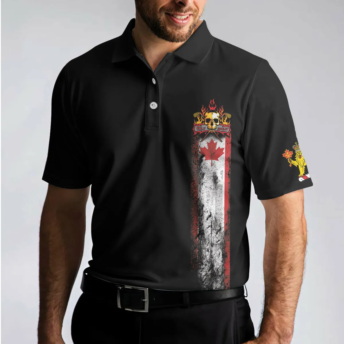 Golf Skull Canada Flag Short Sleeve Polo Shirt, Black Wet Paint Skull Polo Shirt, Canadian Golf Shirt For Men Coolspod