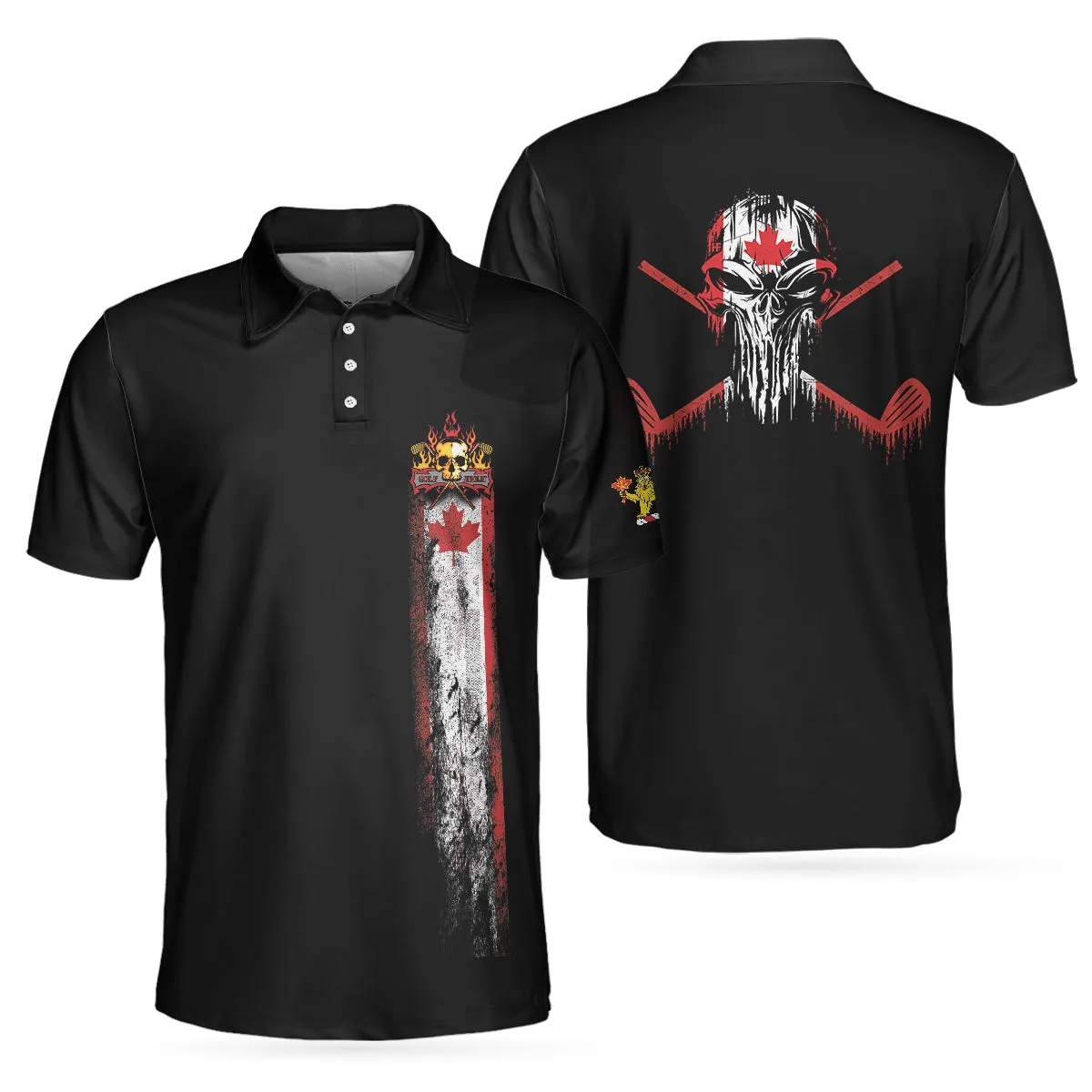 Golf Skull Canada Flag Short Sleeve Polo Shirt, Black Wet Paint Skull Polo Shirt, Canadian Golf Shirt For Men Coolspod