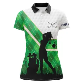 Green Argyle Pattern White Golf Ball Women Golf Polo Shirt Custom Golfing Gifts, Ladies Golf Tops