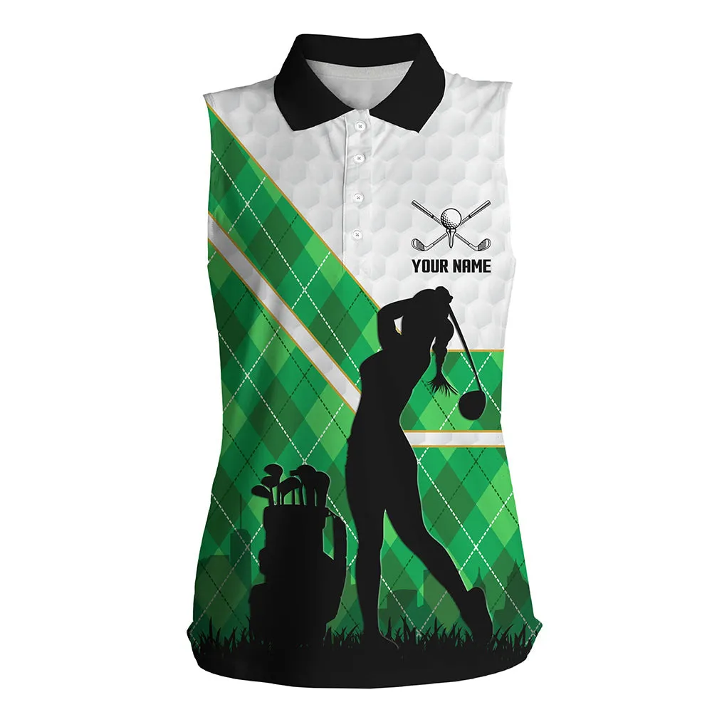 Green Argyle Pattern White Golf Ball Women Golf Polo Shirt Custom Golfing Gifts, Ladies Golf Tops