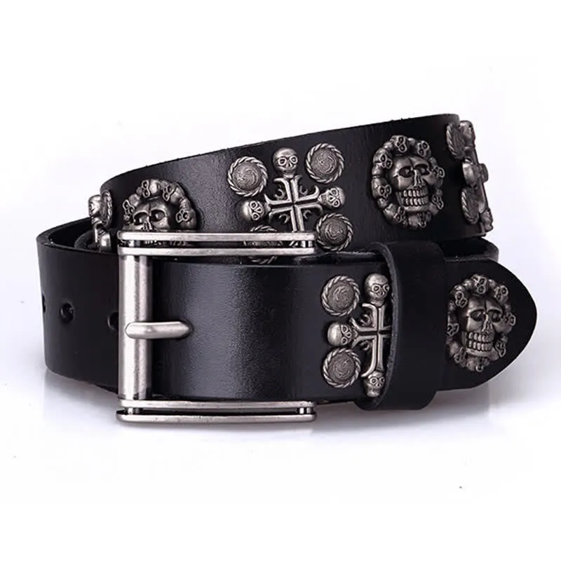 Heavy Metal Rivet Skull Cross Pattern Leather Belt