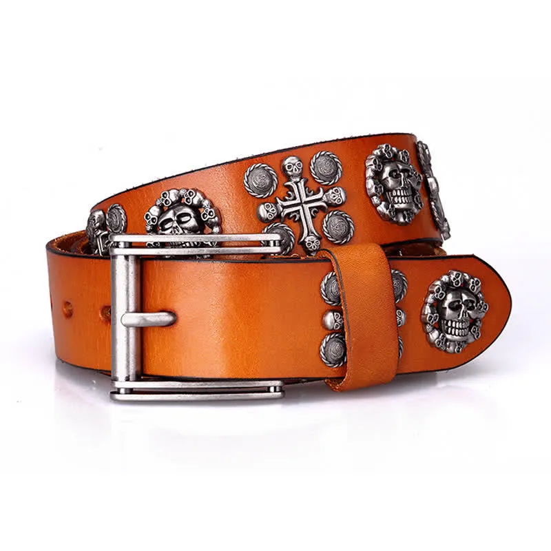 Heavy Metal Rivet Skull Cross Pattern Leather Belt