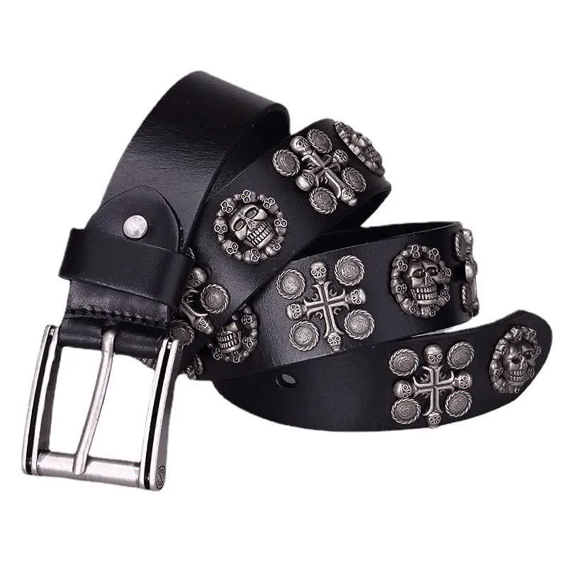 Heavy Metal Rivet Skull Cross Pattern Leather Belt