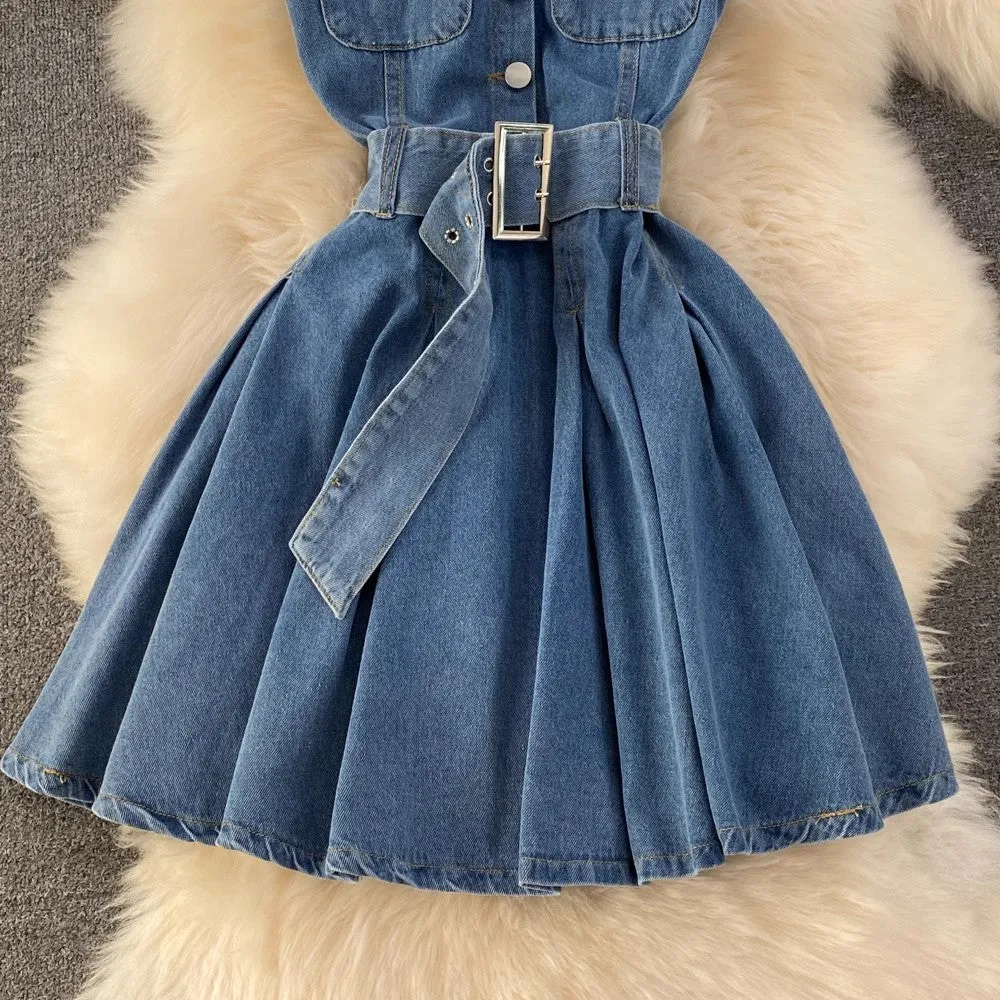 hot girl sexy denim skirt design halter neck A-line puffy pleated dress    S4283